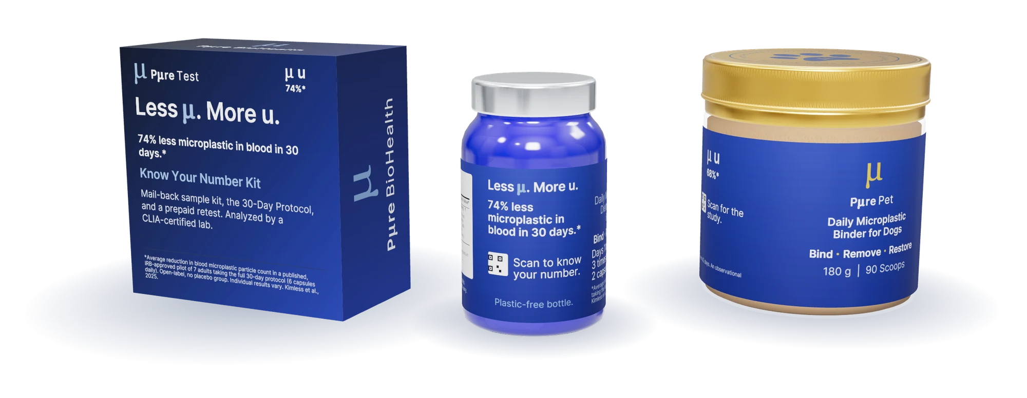 Pure Test kit, Pure Health bottle, and Pure Pet jar